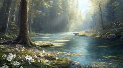 Wall Mural - Tranquil river flowing through dense forest, captivating nature painting serene