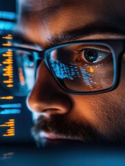 Focused developer coder wears glasses working on computer looking at programming code data cyber security digital tech reflecting in spectacles developing software program, focus on eye close up view