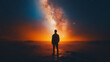 © CreativeIMGIdeas - A man stands on a mountain top, looking out at the stars. The sky is dark and the stars are shining brightly. The man is lost in thought, as if contemplating the vastness of the universe