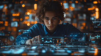 Wall Mural - a young man is looking at a computer screen with a lot of numbers and graphs