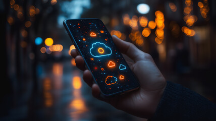 Wall Mural - a person is holding a cell phone with a screen that shows clouds