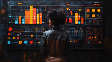 Wall Mural - A woman stands in front of a large monitor displaying a variety of graphs