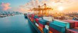 © javu - A vibrant sunset view of cargo containers being loaded onto a ship at the harbor.