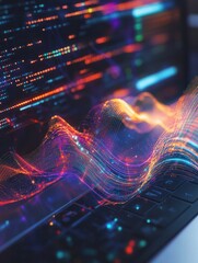 neural network concept with statistic data waves and programming code on opened laptop background. d