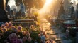 © Banstanks - A serene cemetery pathway adorned with flowers, illuminated by soft morning light.