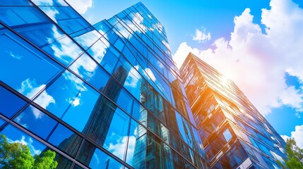 Fototapete - Close-up of a modern glass building reflecting the sky in clean, angular lines.