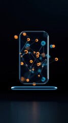 Poster - Abstract Digital Visualization of a Smartphone Surrounded by Floating Geometric Shapes in Blue and Orange Colors Against a Dark Background