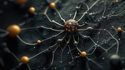 Fototapete - Abstract Representation of Neural Connections with Colorful Node Structures and Black Background Evoking Themes of Technology, Biology, and Connectivity in Modern Design