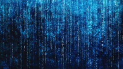 Abstract digital background featuring cascading binary code in shades of blue.