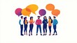 © Nathan - A diverse group of young adults engaging in a lively conversation with speech bubbles, reflecting enthusiasm and collaboration.