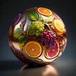 © Ayaz - A sphere of vibrant fruit slices and grapes intricately arranged and set against a dark background