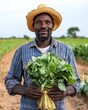 © PrusarooYakk - A smiling farmer in a straw hat holds a fresh bundle of greens in a vibrant field, embodying hard work and the rewards of agriculture.