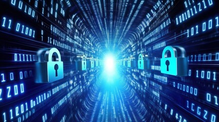 Digital locks and binary code representing cybersecurity and data protection.