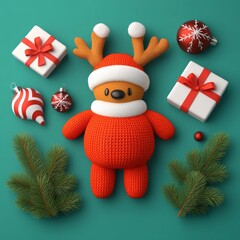 Wall Mural - Cute reindeer toy with gifts and ornaments on teal background.