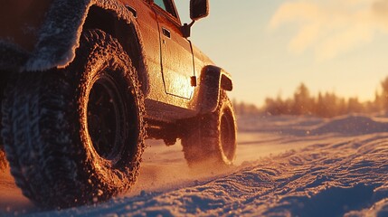 Canvas Print - 4x4 vehicle driving on snowy road at sunset.