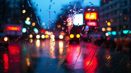 Fototapete - Soft-focus image of neon-lit signs in a rainy city street