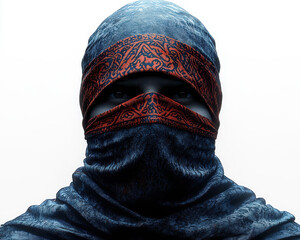 Mysterious Figure in Blue Hood with Intricate Red Design Mask on Isolated Background