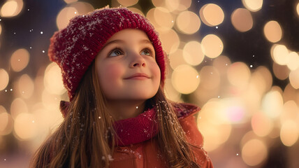 Wall Mural - Child enjoying snowfall while looking at Christmas lights in winter evening