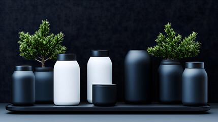 Fototapete - A sleek arrangement of black and white jars paired with small green plants, set against a dark background, showcasing modern minimalist design