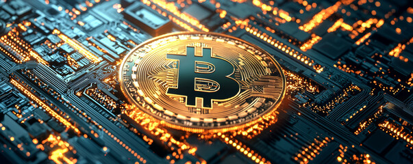 Wall Mural - digital currency representation with bitcoin coin on circuit board. intricate design showcases techn