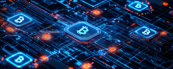 Wall Mural - digital cryptocurrency network with glowing bitcoin symbols and circuit patterns, representing futur