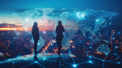 Wall Mural - empowered women stand before digital world map, symbolizing global connectivity and innovation. vibr