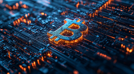 Wall Mural - digital representation of bitcoin symbol on circuit board, showcasing integration of cryptocurrency 