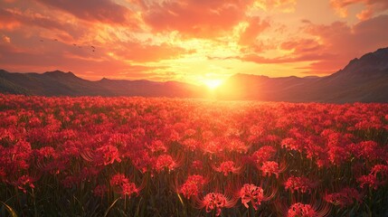 Canvas Print - A vast field of red spider lilies stretching out into the distance, under a dramatic sunset sky with vibrant orange and pink hues. The sun is setting behind 