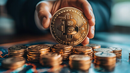 Wall Mural - hand holding bitcoin above stack of coins, symbolizing cryptocurrency investment and finance. image 