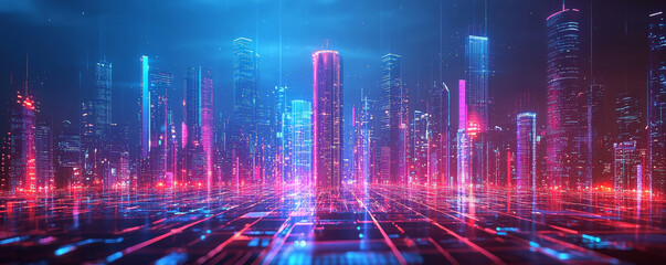 Wall Mural - vibrant futuristic cityscape with glowing skyscrapers and holographic elements, showcasing digital m