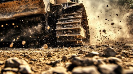 Canvas Print - Heavy machinery tracks in action disturbing earth and gravel causing dust cloud, capturing motion and power on a construction site, illustrating industrial activity