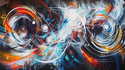 Wall Mural - An abstract spray painting capturing the energy and excitement of a music festival, with pulsating beats and swirling lights depicted in bold, dynamic strokes that convey
