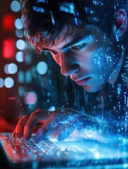 Over shoulder closeup view man IT coder programmer software engineer use laptop computer typing code develop program programming java language application on screen web system app development concept