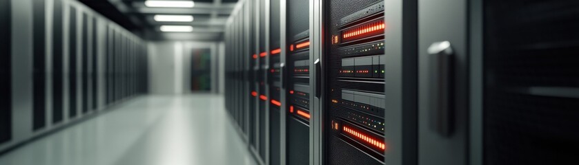 A corridor of sleek server racks illuminated by red lights, showcasing a modern data center environment with organized technology.