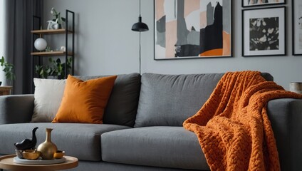 Wall Mural - Orange blanket on grey sofa in modern apartment interior with poster and wooden table