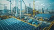 © Piyawat - A sustainable factory with solar panels, wind turbines, and eco-friendly production processes. Workers are seen assembling products while using renewable energy sources