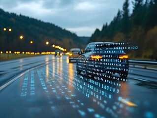 a digital car traveling on a wet road, surrounded by binary code, symbolizes the intersection of tec