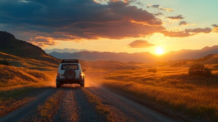 Canvas Print - SUV driving on dirt road at sunset in mountains.