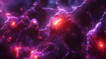 Wall Mural - a vibrant neural network with a glowing red core surrounded by intricate pink and purple pathways re