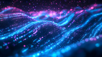 Wall Mural - a flowing stream of glowing blue and pink particles representing futuristic data or neural activity 