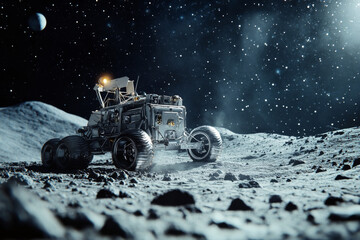 Wall Mural - lunar rover on moon surface under bright sunlight. concept of space exploration and lunar missions
