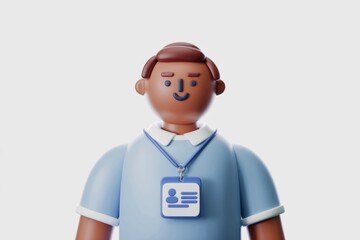 Fototapete - A 3D cartoon illustration of a smiling person wearing a lanyard with an ID card