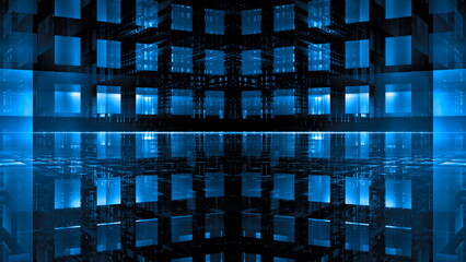 Wall Mural - mesmerizing digital design features blue cubes arranged in a grid, creating reflections in a dark, f