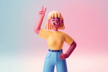 Poster - A 3D rendered illustration of a happy woman showing peace sign