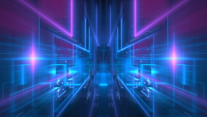 Wall Mural - captivating digital light tunnel showcases bold blue and purple neon hues, creating an immersive exp