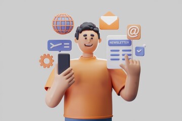 Fototapete - 3D cartoon man using smartphone to subscribe newsletter  email  global network