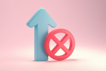Poster - Up arrow and a red cross symbol  3D rendered illustration on pink background