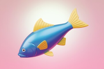 Aufkleber - A 3D rendered cartoon fish with a blue body and yellow fins  swimming against a pink background