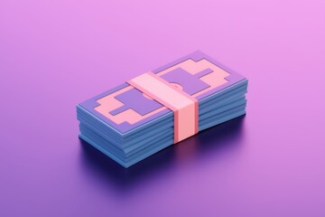 Aufkleber - A stack of stylized blue banknotes tied with a pink band  isolated on a purple background