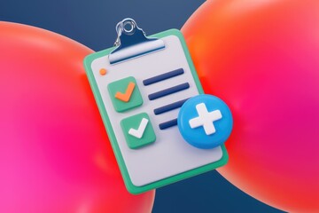 Fototapete - 3D render of checklist clipboard with plus icon  representing task management or medical form